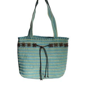 Sun 'N' Sand Teal & Olive Green Stripe Beach Bag / Tote w/ Wood Floral Accents